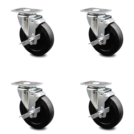 Service Caster 5 Inch Soft Rubber Wheel Swivel Top Plate Caster Set with Brake SCC-20S514-SRS-TLB-4